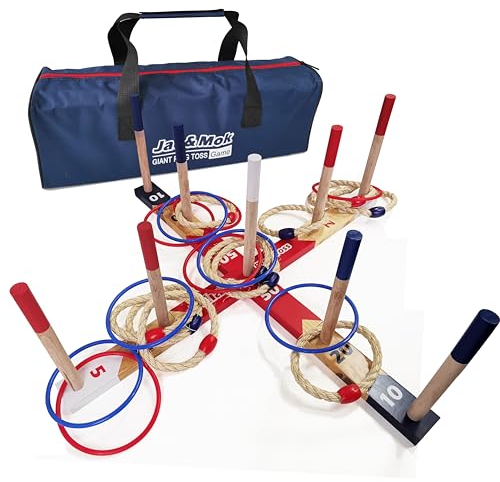 Ringwurfspiel Wurfspiele Ring Toss Game Holz Ringe Werfen Spiel mit Tragetasche (10 pcs Rope Rings + 10 pcs Plastic Rings, Large)