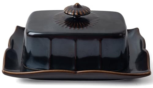 Beurrier avec couvercle pour comptoir, grand récipient à beurre en céramique, porte-beurre de 7,5 pouces avec poignée, noir