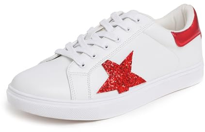 Feversole kvinnors utvalda PU-läder färgglad snörning stjärna sneaker, Vit glitter röd lila stjärna, 40 EU