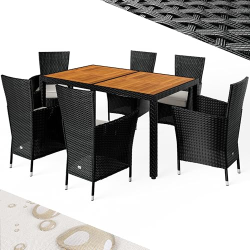 Casaria® Gartenmöbel Set 6 Stühle inkl. 7cm Polster Tisch 150x90cm Polyrattan wetterfest stapelbar Outdoor Balkon Terrasse 160kg belastbar modernes Akazienholz Schwarz