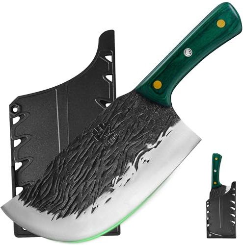 FULLHI Cuchillo de Carne con Mango de Madera y Funda, Cuchillo de Cocina de Acero al Carbono para Cortar Carne, Cocina al Aire Libre, Camping Barbacoa (Verde, 21cm)