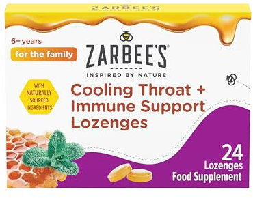 Zarbee’s Cooling Throat + Immune Support Lozenges, Calm and Cool your Throat (24 count) Real Honey, Peppermint Oil Extract with Vitamin C and Zinc, No Artificial Colours or Flavours