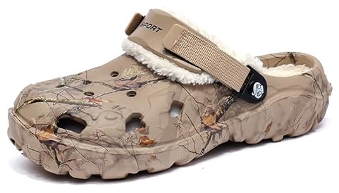 SECHRITE - Zuecos forrados de piel para hombre, invierno, afelpados, anchos, con plantilla acolchada, pantuflas de casa cálidas, con tira ajustable en la espalda, forro de felpa suave extraíble