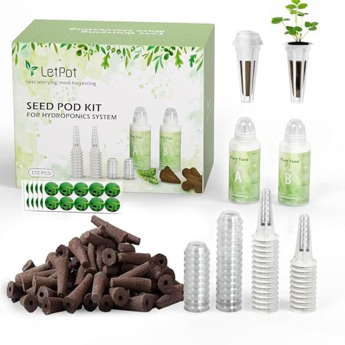 LETPOT Kit de 172 capsules de semences, éponges de culture hydroponique, kit de culture hydroponique avec 60 éponges, 2 nutriments, 25 paniers, 60 autocollants, 25 dômes de germination
