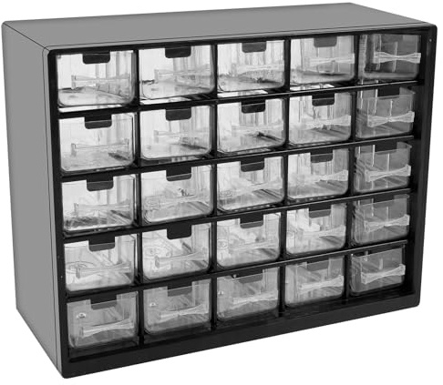 Magazine de rangement empilable pour petites pièces, avec 25 tiroirs et 50 cloisons amovibles, boîte à outils pour plateaux de table, travaux de bricolage (noir)