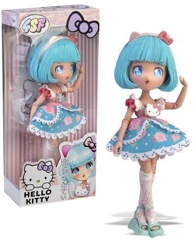 Hello Kitty Manga Doll Pretty Pink, bambola giapponese alla moda con look manga, figura da 19,5 cm con 15 punti di articolazione, capelli azzurri, accessori inclusi, +4, Famosa (HKTF0300)