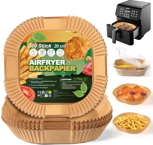 HAUSVIVO Papel Freidora de Aire 300 Piezas – 20×20 cm Cuadrado para Air Fryer 5–7L – Papel de Horno Antiadherente, Resistente al Agua y al Aceite, Accesorios Cocina Desechables, Sin BPA