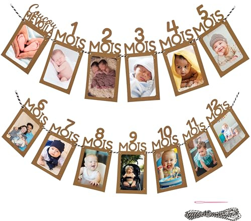 CZ Store® - Guirlande Anniversaire 1 an|1 A 12 Mois|✮✮Garantie A Vie✮✮-Guirlande Photo Carte Mois par Mois Bebe-Deco Fille/Garcon 1 an-Banderole Anniversaire 1 an en Papier Kraft (France)