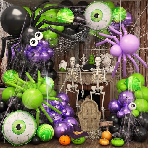 Halloween Balloons Garland Arch Kit, 122 PCS Lime Green Black Metallic Purple Marble Balloons with Big DIY Spider 22 Inch Eyeball Foil Balloon Spider Web for Halloween Party Garden Outdoor Decoration