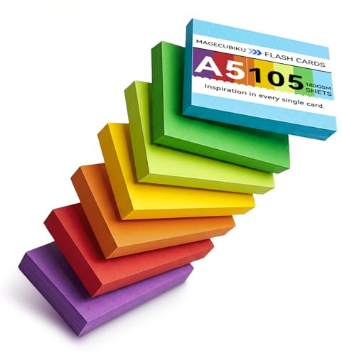 Färgat Kartongpapper A5 (14,8 x 21 cm), 105 ark 180 g/m² tjockt papper av hög kvalitet, set med 7 färger Klassiskt regnbågspaket för origami, studenter, klippning, DIY och hantverk