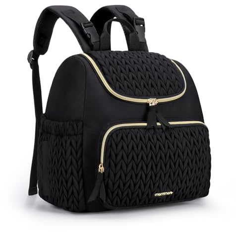 mommore Bolso cambiador, pequeña mochila para cambiar pañales, elegante mochila de viaje para bebé con compartimentos aislados, cambiador y fijaciones para cochecito, Negro