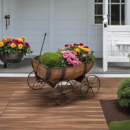 SkyMall Rustic Barrel Wagon Planter – Vintage-Style Garden Cart with Faux Wood Finish & Iron Wheels – Weather-Resistant Outdoor Flower Bed Décor – 34 L​