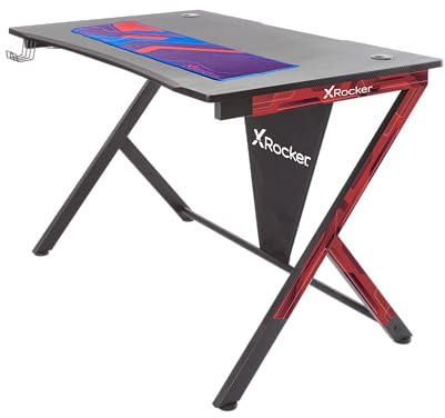 X-Rocker Ocelot 115cm x 73cm, Y-Shaped Gaming Desk - Space-Saving Design, Headphone Hook, Cup Holder, Interchangeable Stickers, Sturdy Metal Frame for Kids & Teens - Blue or Red - Mouse Mat Included