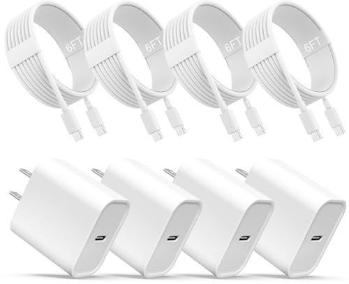 iPhone 17 16 15 Charger, USB C Charger, 4-Pack Fast Wall Charging, USB-C Chargers Block (4-Pack 6 ft Cable Included) for iPhone 17/16/15/15 Pro/15 Pro Max/iPad Pro/AirPods Samsung & More