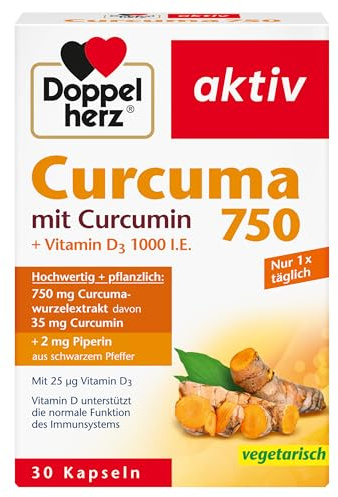 Curcuma 750 mg e Piperina - 30 capsule ad Alto Dosaggio - Integratore Curcumina con Vitamina D3 - favorisce il funzionamento del sistema immunitario – Doppelherz