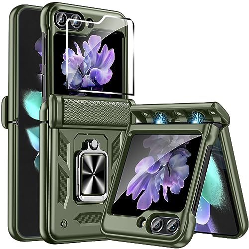 Fewdew for Samsung Galaxy Z Flip 5 Case with Back Screen Protector & Hinge Protection,360° Rotate Ring Magnetic Kickstand Heavy Duty Protective Armor Case for Samsung Galaxy Z Flip 5 5G,Green