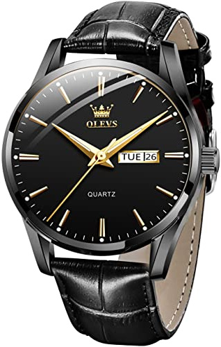 OLEVS Herrenuhren Schwarz Lederarmband Quarz Uhr Männer mit Wochentag Datum Wasserdicht Leuchtende Klassische Elegantes Armbanduhr Geschenk