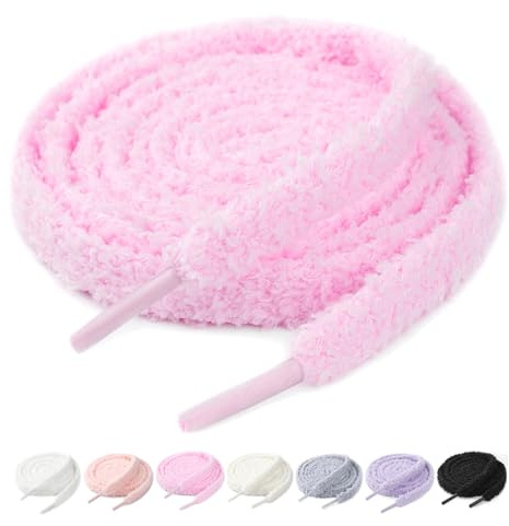Stepace Lacets Fluffy Plats en Peluche 10 mm pour Baskets et Chaussures | 2 paires, 10 mm de large, texture moumoute douce, look original, faciles à nouer et moins sujets à se défaire, 3 tailles