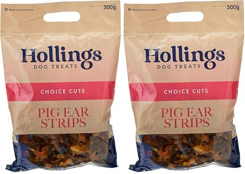 Hollings Pig Ear Strips Dog Treats, 100% Natural Air Dried Long Lasting Chews for Adult Dogs, Grain Free & High in Protein (500g) (Pack of 2)