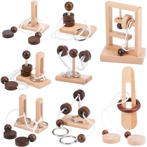 Yilloog 8 Pcs Brain Teaser 3D Wooden Rope Puzzles Set Wooden Threading Rope Loop Puzzle Luban Lock Puzzle Game Brain Games for Adults Desk Challenge Gifts, 14+