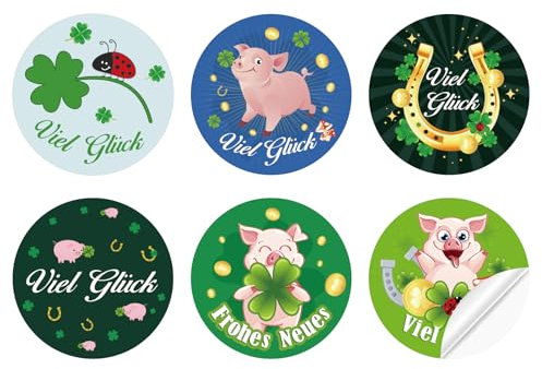 120pcs Aufkleber Glücksbringer Silvester, Viel Glück Kleeblatt Glücksbringer Geschenketiketten, Glücksschwein Silvester Aufkleber, Ø 4 cm, Papier