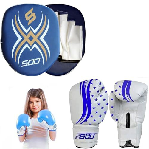 Kids Junior Focus Pads Set Hook & Jabs Pads Coaching Pad Pro Boxing Mitts Sparing Gloves Punching MMA Karate Training Mitten Target Hand Striking Shield (BLue/White)