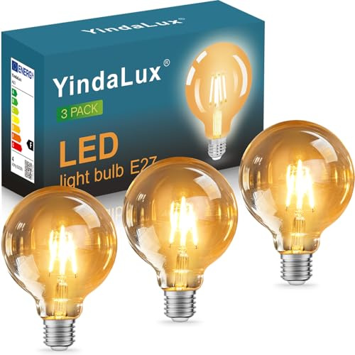 YindaLux Glödlampa E27 LED varmvit 2700 K – Edison vintage filamentlampa – 4 W 40 W – energibesparande lampa retro glödlampa – 3-pack G95 ej dimbar glödlampa, dekoration för hem, café, bar, H 138 mm x