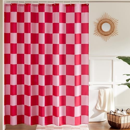 Ohocut Tenda da doccia a scacchi, doppia tenda da doccia a quadri rosa per bagno, graziosa tenda da doccia retrò a scacchiera, estetica vintage, lavabile in lavatrice, in tessuto, 180 x 180 cm