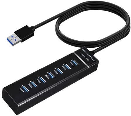 Hub USB 3.0 a 7 Porte con Cavo da 1 Metro, Sdoppiatore USB Adattatore Multipla per Trasferimento Dati 5Gbps, Compatibile con PC, Laptop, MacBook, PS4, PS5, Tastiera, Mouse, Chiavette, Disco Rigido