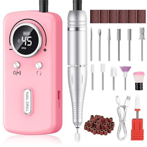 PKBD 45000RPM Professional Nail Drill Machine for Acrylic and Gel Nails, Portable Rechargeable Electric Nail Files Set with 11 bits and LCD Display for Salon,Home and DIY, Pink