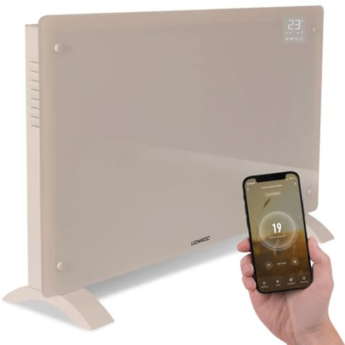 VONROC Smart Konvektorelement 2000W – Glaspanel & LED-display – WiFi via Tuya Smart Life App – Termostat, Timer, IP24, Barnlås – Tyst Elradiator för rum upp till 24 m² – Fristående/Vägg – Beige
