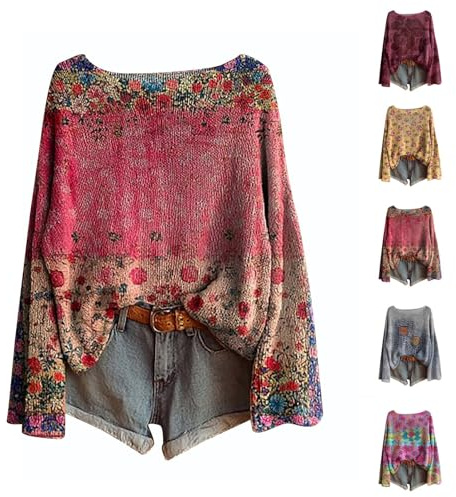 HUIFUAO - Suéteres bohemios para mujer, talla grande, vintage, con estampado floral, suéteres de punto étnico de moda, suéter de manga larga para otoño, blusas ligeras y elegantes, XXL