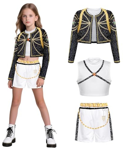 Metaparty Korean Pop Costumes, Halloween Costume Set with Jacket T-Shirt Shorts 3PCS Outfit for Dance Shows, Cosplay, Halloween Parties Performance Wear (Black, 130)
