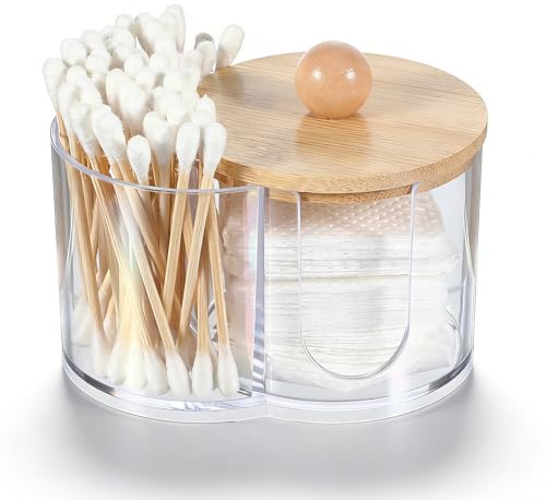Quilax 1 contenitore per batuffolo di cotone, con coperchio in legno, tampone di cotone acrilico, trasparente e antipolvere, tavolo da toeletta e bastoncini di cotone
