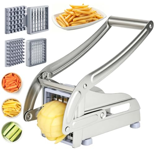 LOMUG Pommes Schneider Edelstahl, Kartoffelschneider mit 2 Größen (36/64 Löcher), Pommespresse für hausgemachte Pommes Frites, Stabiler Pommes Maker mit Rutschfester Unterlage für Küche und Zuhause