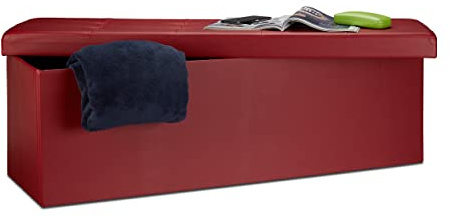 Relaxdays Banco plegable, Baúl de almacenaje XL, Asiento cómodo, Cuero sintético & MDF, 38 x 114 x 38 cm, Rojo oscuro