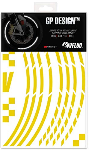VFLUO GP Design™, Kit Bandes Jantes Moto rétro réfléchissantes (1 Roue), 3M Technology™, Liseret Largeur XL : 7 mm, Jaune