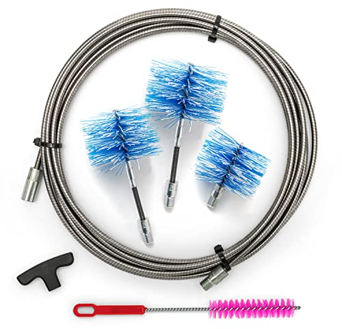 BARETTO Kit Nettoyage Poêles à Granulés, Rallonge INOX de 9 Mètres pour Le Nettoyage des Poêles à Granulés avec Coude de 90°, Kit 3 Brosses en Nylon (2 Flex 80mm et 100mm, 1 Standard 120mm)