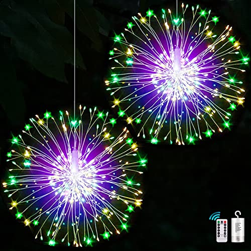 Yowin Paquete de 2 luces de fuegos artificiales 198 luces LED Starburst 8 modos, funciona con pilas, luces colgantes impermeables para decoración navideña al aire libre, multicolor