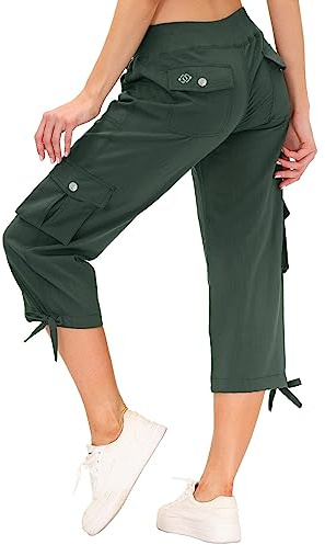MoFiz Women's Cargo Hiking Pants Lightweight Quick Dry Capri Jogger Pants Athletic Workout Casual Outdoor Shorts Trousers with Pockets Arm-Green Size S