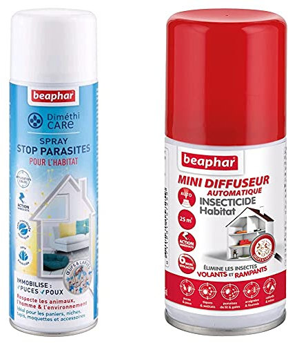 BEAPHAR – DIMETHICARE – Spray Stop parasites pour l’Habitat – 400 ML & Mini-diffuseur Automatique Insecticide Habitat – Tue Les Insectes Volants, rampants, Les œufs et Larves – 75 ML