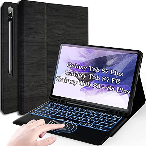 Wineecy Tastatur Hülle für Samsung Galaxy Tab S7 FE 12.4/S8+ Plus 5G 2022/S7+ Plus, Beleuchtete QWERTZ Tastatur mit Touchpad Bluetooth Schutzhülle Kompatibel mit SM-T730/T736B/SM-X800/X806 (Schwarz)