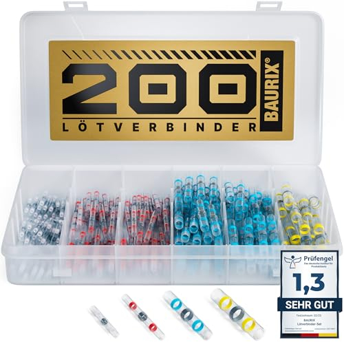BAURIX® Lötverbinder Set 200 Stück – IP67 Schrumpfverbinder für wasserdichte Kabelverbindungen – für Auto, Elektronik & Outdoor – 4 Größen