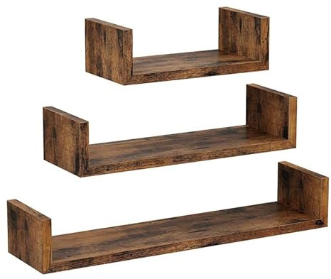 HOMION Floating Shelf Set Of 3 Different Sizes U Shape Wooden DIY Display Unit Shelves U shaped Wall Mount Shelf Living Room Kitchen Garage Caravan Camping Room Storage Shelves (Rustic Brown)