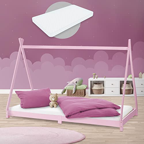 ML-Design Lit d'enfant Tipi 90x200 cm Rose avec Matelas à Mousse Froide Hypoallergénique et Sommier à Lattes, H:10 cm, Housse Amovible Respirant Lavable, Cadre de Lit Style Indien Bois de Pin Massif