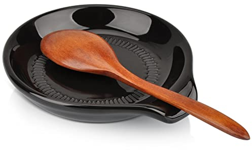HONZUEN Repose Cuillère Cuisine Ceramique,Repose Ustensiles de Cuisine Petite Multifonction pour Cuillère à Café Spatule,Porte-Cuillère Rangement Porcelaine Vintage Résistant à la Chaleur(Noir)