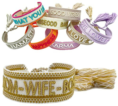 LS-LebenStil Exklusives Statement Armband - das Original - Mom Wife Boss Creme Gold 16-20cm Quasten besticktes Boho Canvas Webarmband Damen Freundschaftsarmband Geschenk gewebt textil Stoffarmband