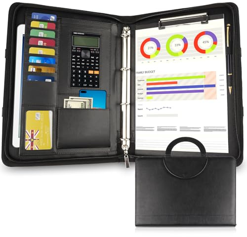New Version A4 Zippered Conference Leather Business Document Bag Portfolio Folder with Zipper with Ring Binder (Black)