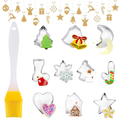 Cortador de Galletas Sándwich Acero Inoxidable,Moldes de Galletas,Juego de moldes para galletas,Formas Navideña Variadas Fiesta Navidad Galletas,con Pincel Cocina,11 Piezas