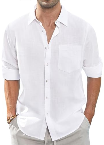 J.VER Men's Linen Cotton Shirts Long Sleeve Regular Fit Casual Solid Shirt Lightweight Summer Beach Tops with Pocket